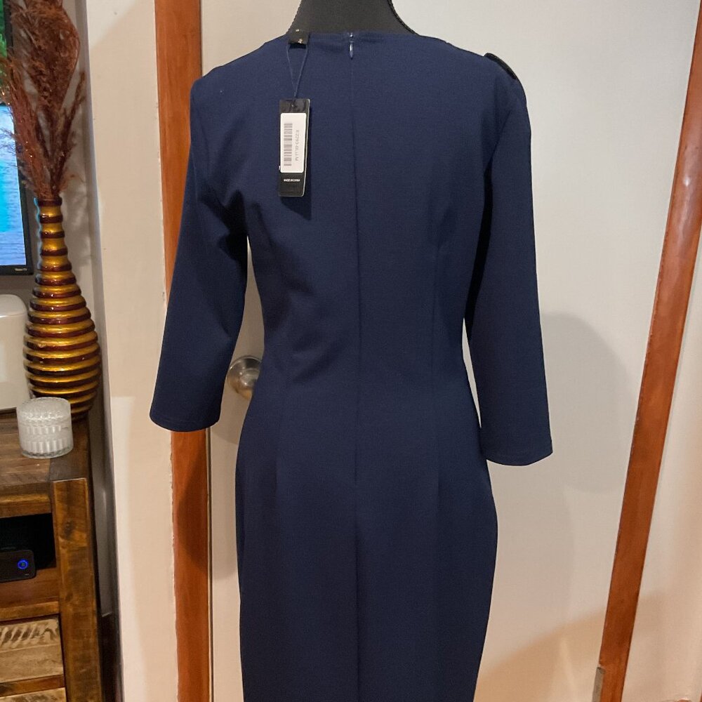VFSHOW Navy Blue Pleated Asymmetric Bow Neck Pencil Sheath Dress - Picture 4 of 5